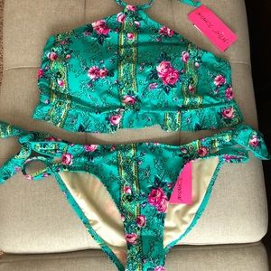 NWT Betsey Johnson teal floral print bikini, sz L